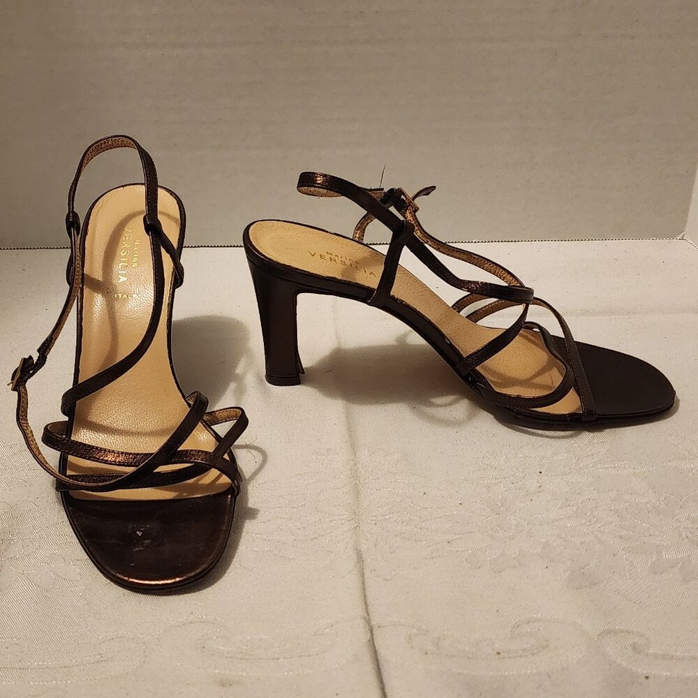 Size 7.5 Marina Versilia Made in Italy Bronze Leather Slingback Heels No Box 3"